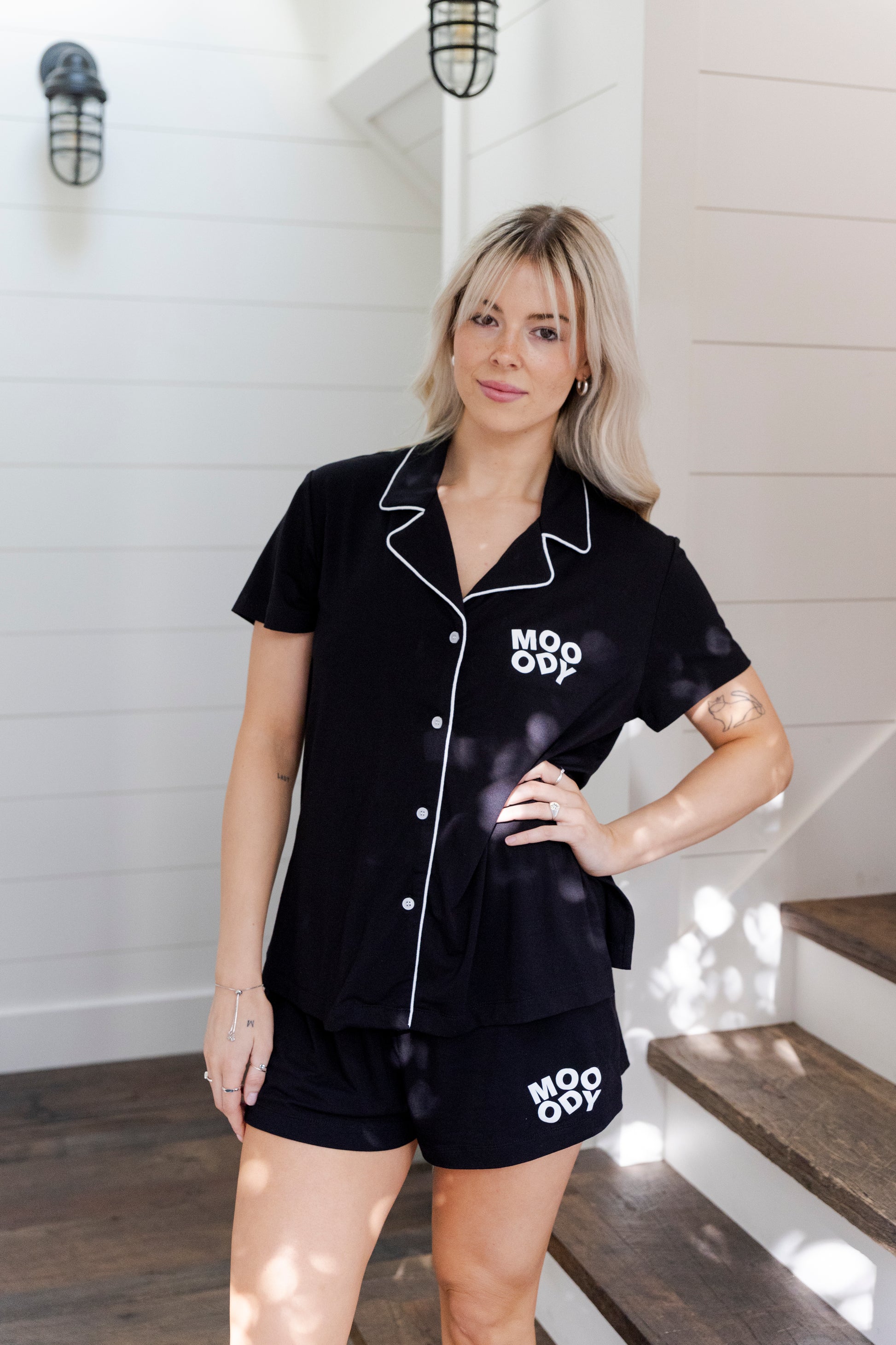 Women wearing Mooody bamboo loose fitted pyjama shirts in black set