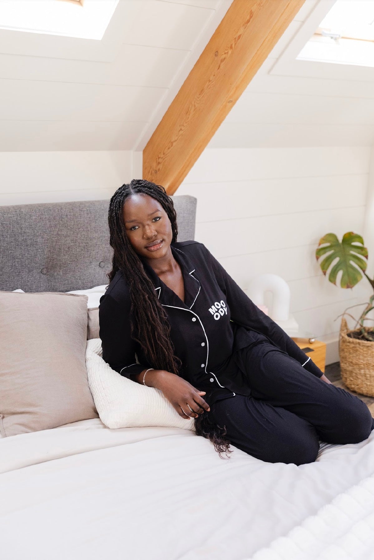Women wearing matilda bamboo pyjama long sleeve button up in black